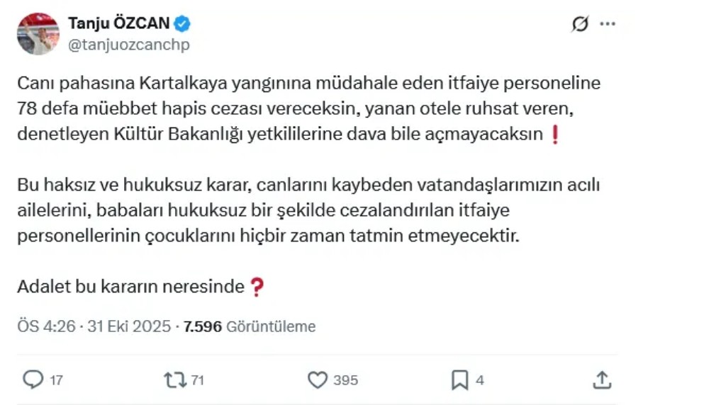 Tanju Özcan, Grand Kartal Otel kararı için; “Adalet bunun neresinde?”