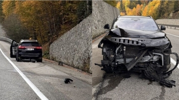 Bolu'da istinat duvarına çarpan araç, ağır hasar aldı